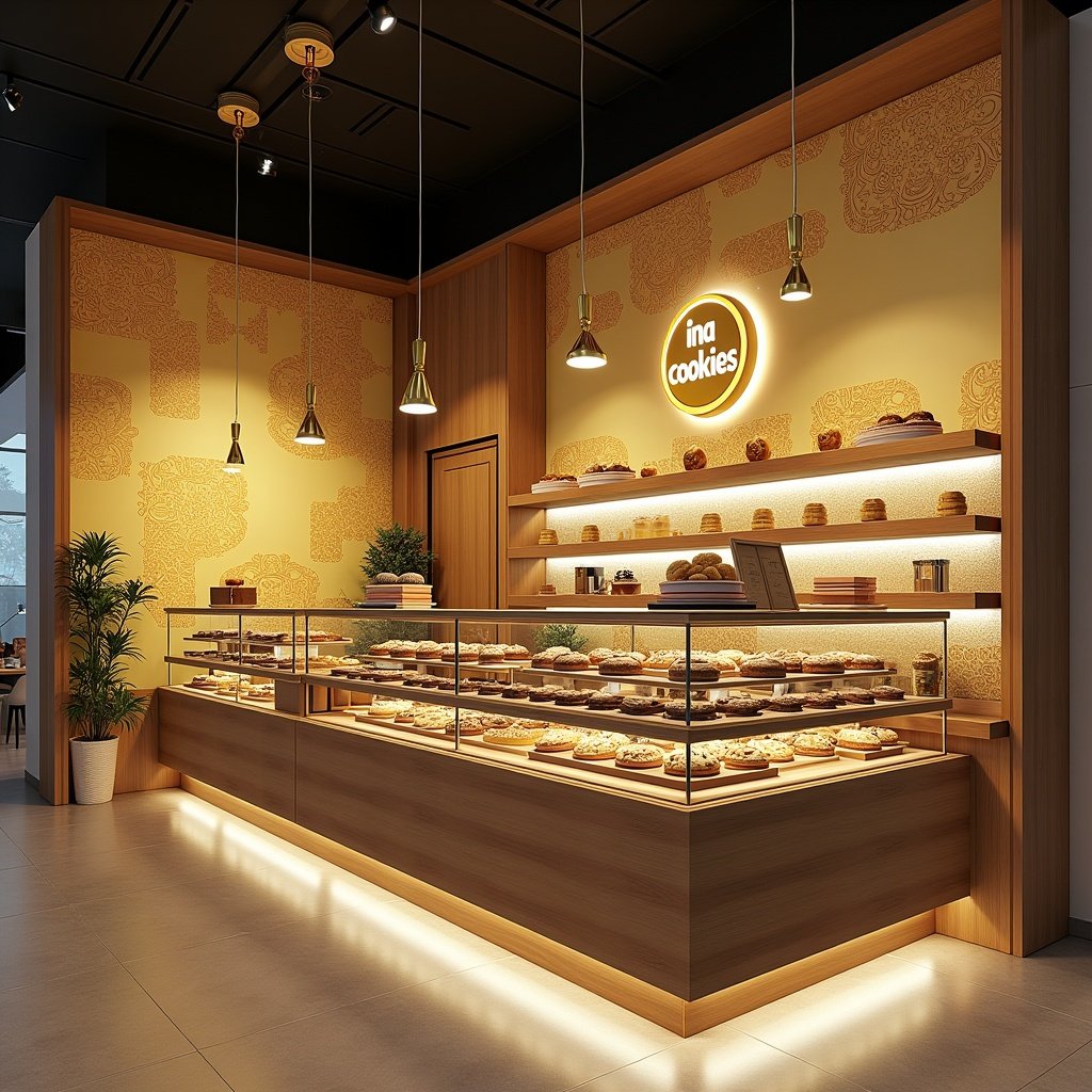 The image depicts a beautifully designed small bakery named Ina Cookies. It combines elegance with traditional Indonesian values. The store features a soft gold and ivory color palette, with natural wood and metallic accents. A pastel batik mural adorns the main wall, creating a sophisticated backdrop. The display case filled with cookies is highlighted by gentle LED lighting. Elegant hanging lamps inspired by Indonesian motifs add charm. There's also an interactive social media wall designed like a giant cookie jar. The warm lighting and soft instrumental music enhance the inviting atmosphere, making customers feel at home.