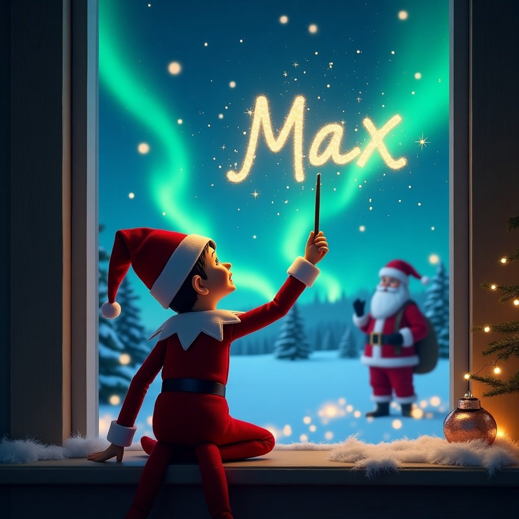 This image features an elf on the shelf sitting by a window, facing the sky. The elf is writing the name 'Max' in sparkling letters using a magic wand. The background reveals a magical Christmas scene complete with northern lights and Santa Claus in the snowy landscape. The elf is dressed in traditional red and white attire, emphasizing the holiday spirit. The atmosphere is filled with warmth and joy, evoking feelings of Christmas wonder in viewers.