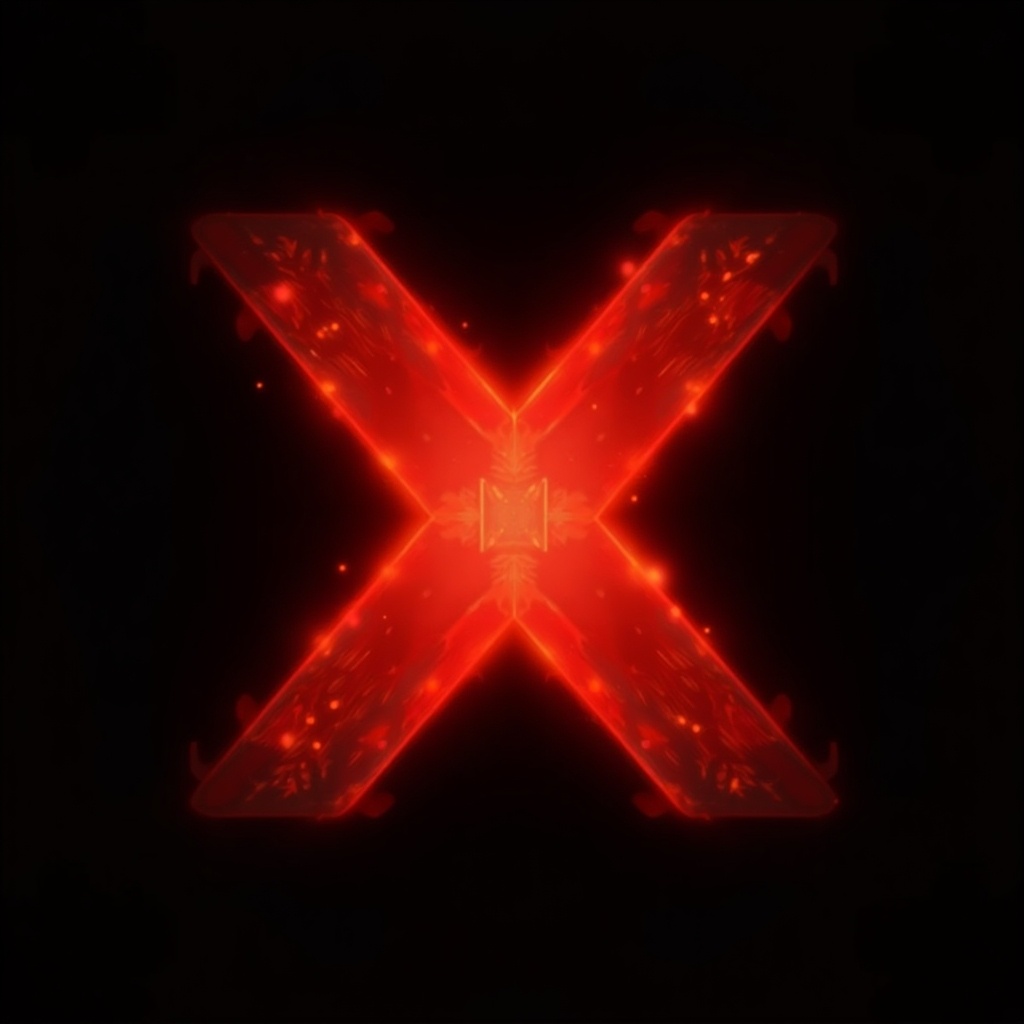 This image features a prominent red 'X' shape that glows against a black background. The design exudes a flame-like aura, giving it a dynamic and energetic feel. The fiery red hue radiates from the center, creating an engaging visual focal point. The contrasting black background enhances the bright colors, making the 'X' stand out. This vector graphic can be used for various design applications, from branding to promotional materials.