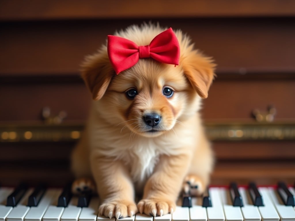 A fluffy puppy with a red bow sitting on piano keys