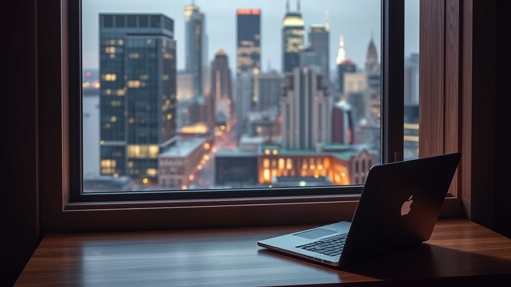 A laptop sits on a windowsill overlooking a lit-up city skyline at dusk.