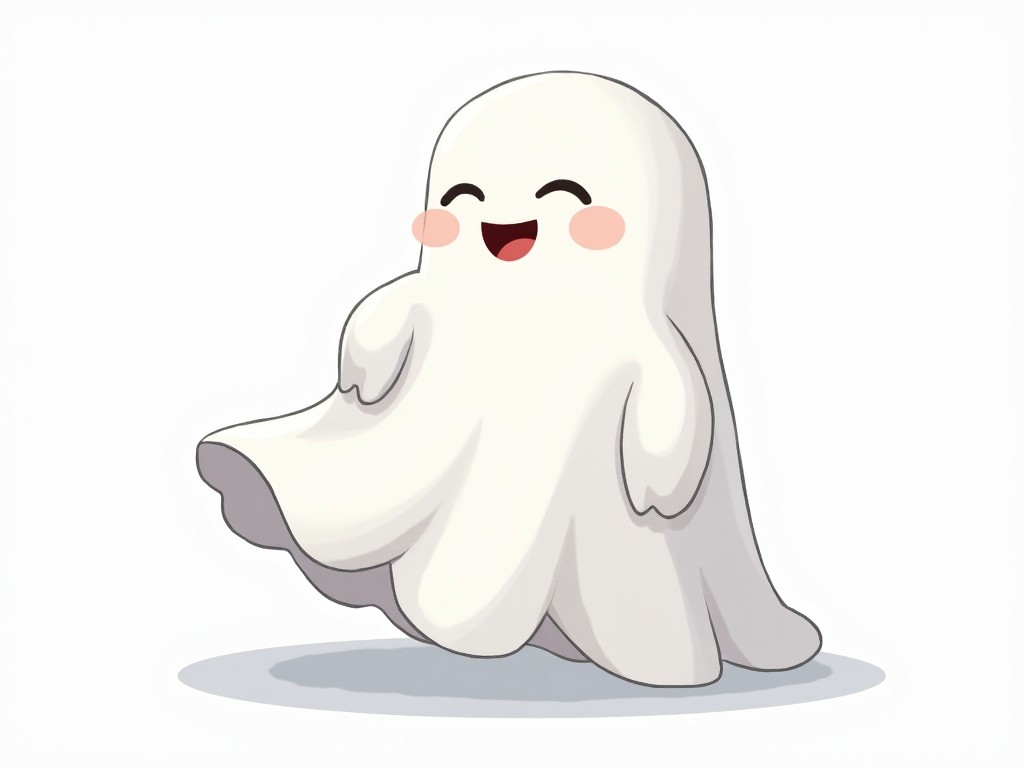 A cartoon image of a ghostly figure with a smiling face, draped in a flowing, white sheet-like garment. The ghost is seen from the right profile view, with its arms slightly extended forward. The background is plain and the focus is solely on the ghost. Its eyes are closed, giving it a peaceful and friendly appearance. The edges of its garment appear wavy, enhancing the ghostly effect. The figure has a soft shadow, adding a sense of depth to the illustration.