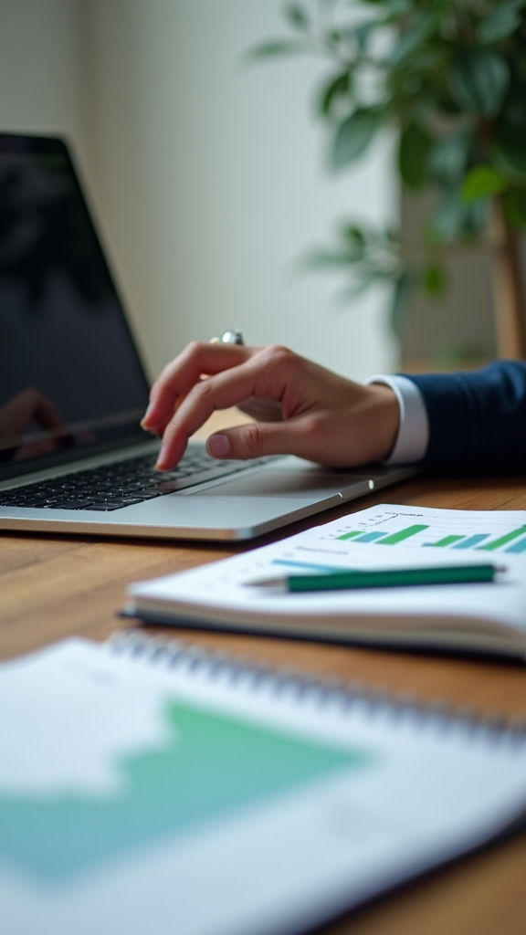 A person in a suit interacts with a laptop, with charts and a plant visible on a wooden desk.