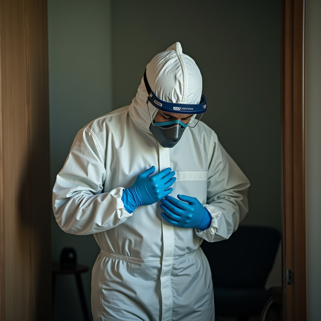 A person wearing a full protective suit, gloves, and mask stands by a doorway.