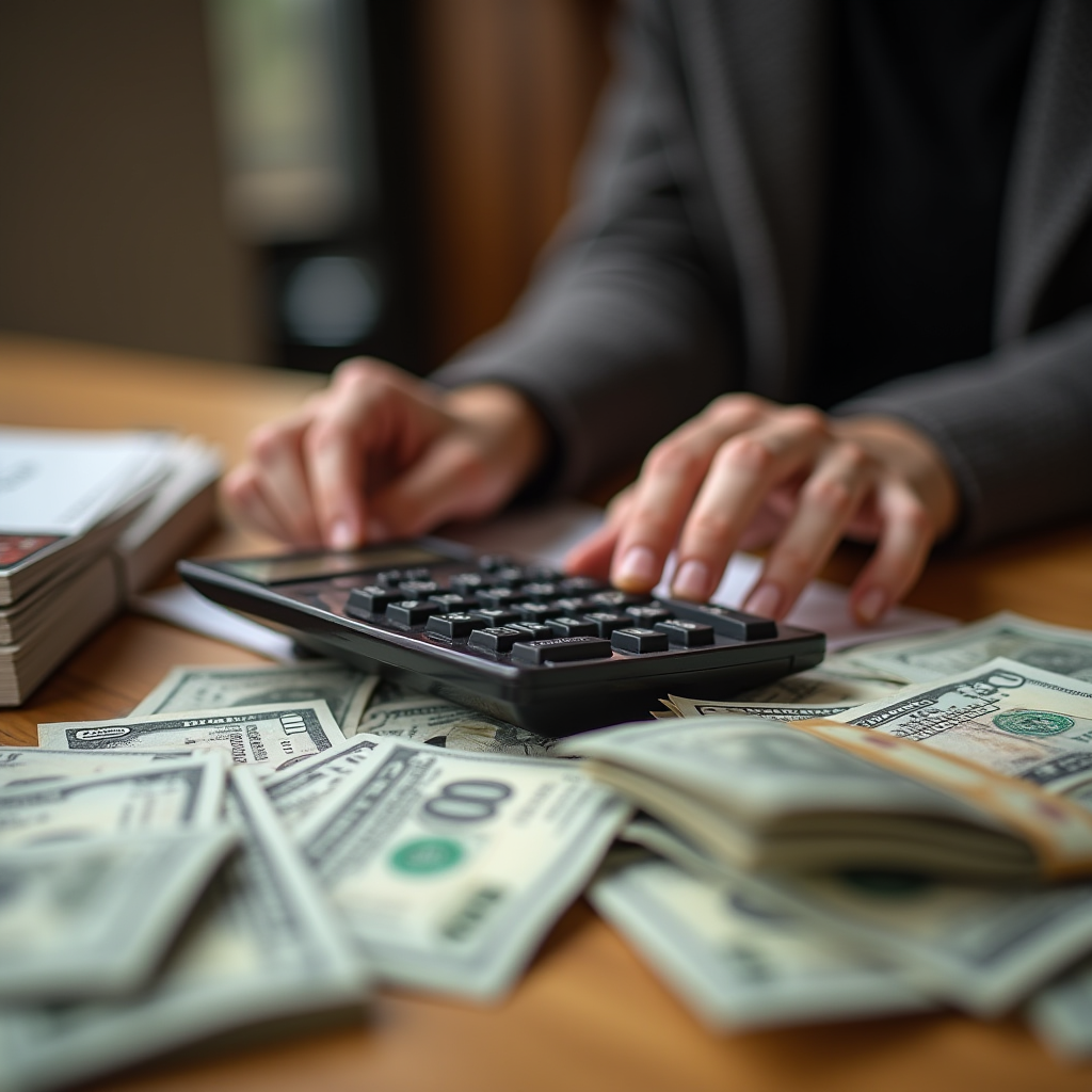 A person using a calculator surrounded by stacks of U.S. dollar bills.