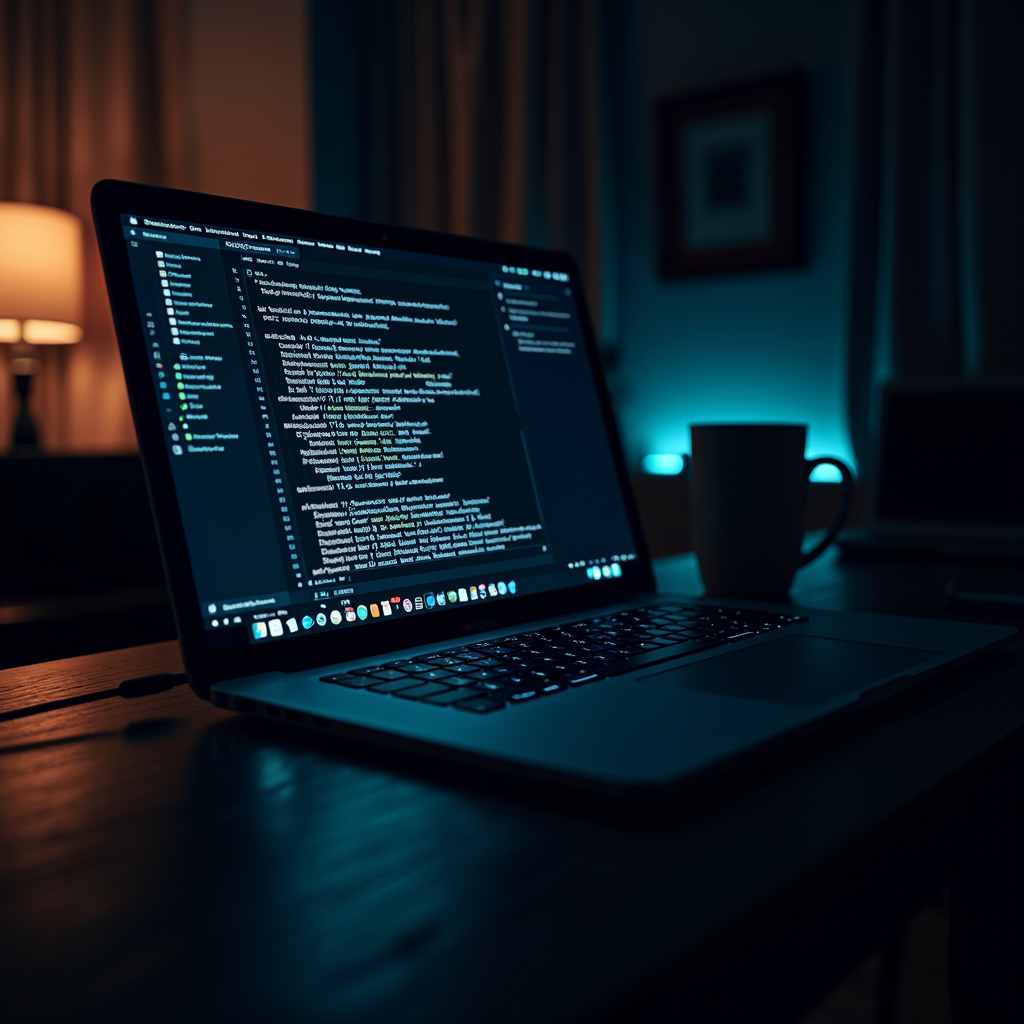 A laptop displaying code on a dark mode IDE, illuminated by ambient lighting in a dimly lit room.