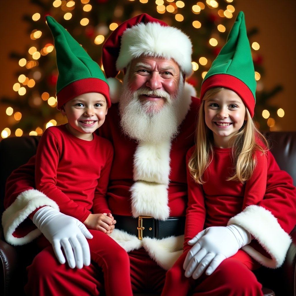 This image features Santa Claus sitting with two children in festive attire. The kids are dressed as elves, wearing green hats and red outfits. They are smiling broadly, embodying the joy of the Christmas season. In the background, a beautifully decorated Christmas tree adds to the holiday spirit with its twinkling lights. The warm lighting creates an inviting atmosphere, enhancing the cheerful mood of the scene. Santa, in his classic red suit and fluffy white beard, appears delighted to be with the children. It captures a heartwarming holiday moment that families love during this special time of year.