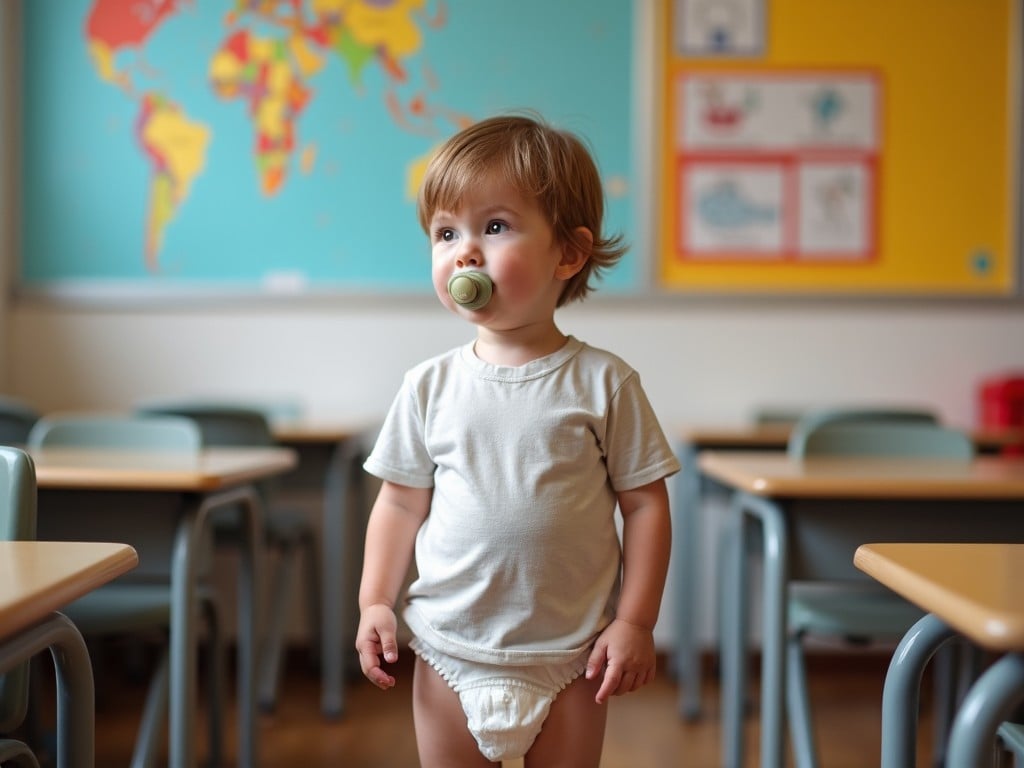 A toddler with a pacifier standing in a classroom with a world map in the background, embodying curiosity and early education setting.