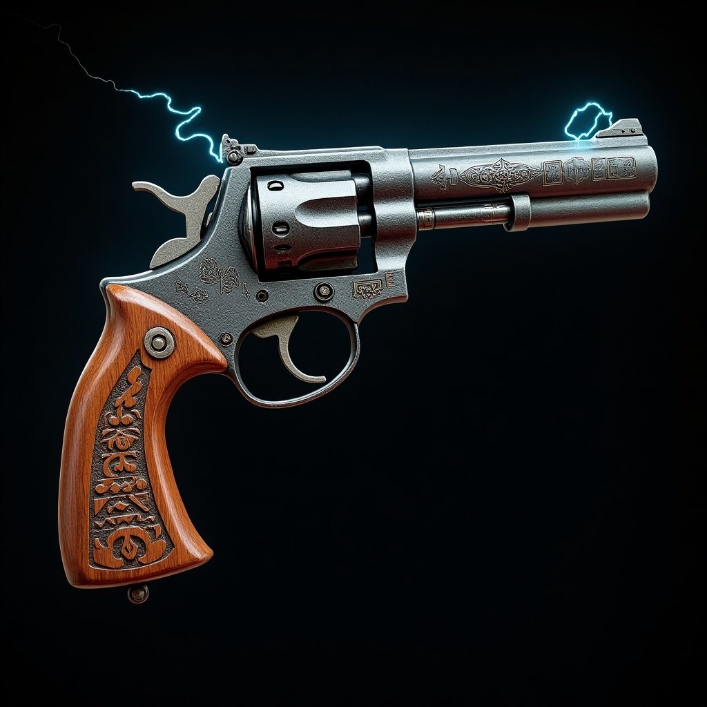 This image features a sci-fi revolver with a dark wooden handle, intricately adorned with runic carvings and etchings. Electricity courses through the barrel, adding a dynamic and futuristic touch. The revolver is depicted against a dark backdrop, enhancing its metallic sheen and the glowing electric effects. The wood's texture contrasts beautifully with the sleek metal, creating an eye-catching design. This weapon embodies a blend of fantasy and science fiction, perfect for a myriad of visual storytelling mediums.