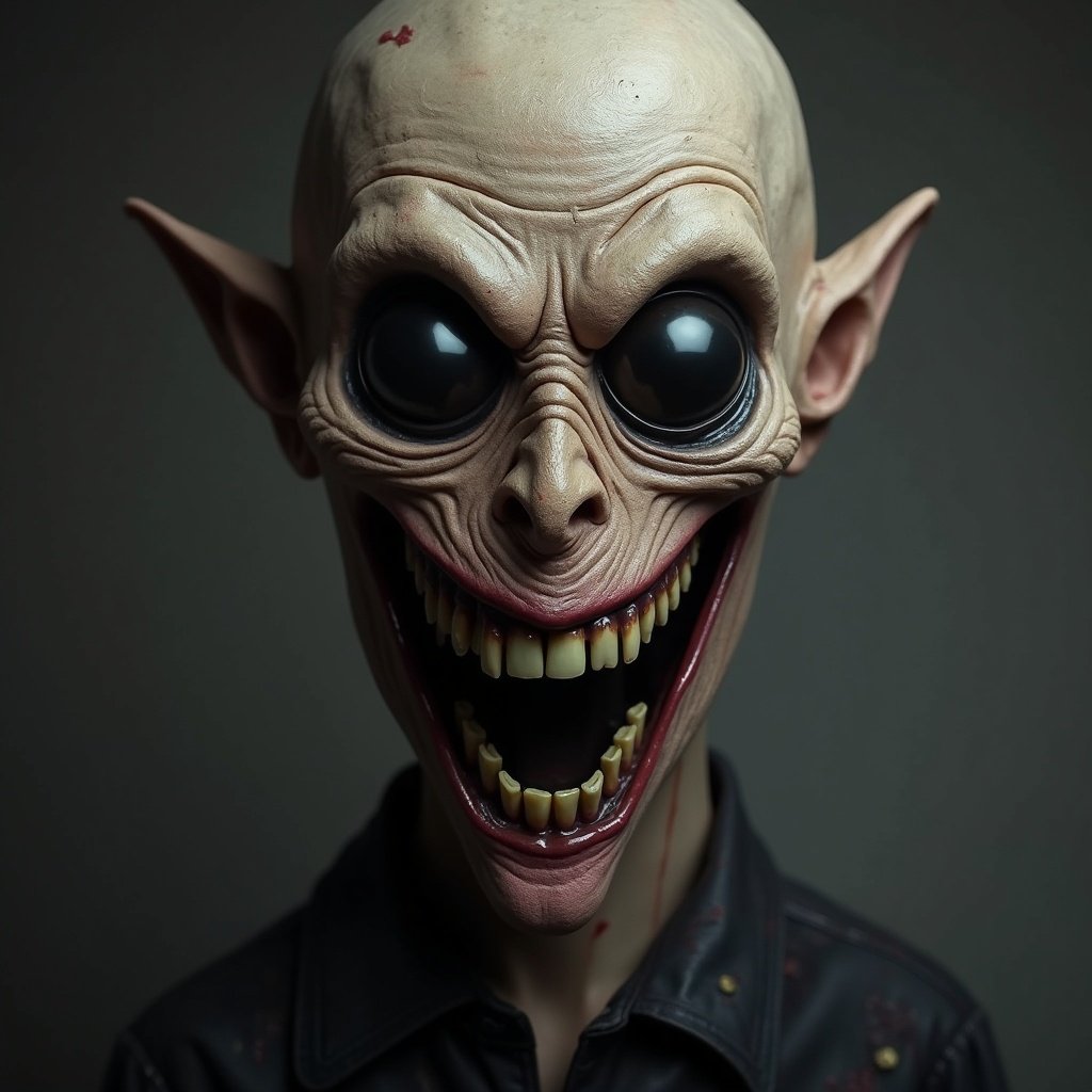 Create a very scary looking character with wide black eyes and a huge creepy smile. The character should have a tall, imposing presence that instills fear. Utilize exaggerated features like a gaunt face with pointed ears and elongated limbs. Dress the character in dark, tattered clothing to enhance its unsettling aura. The overall vibe should be dark and menacing, perfect for a horror-themed setting.