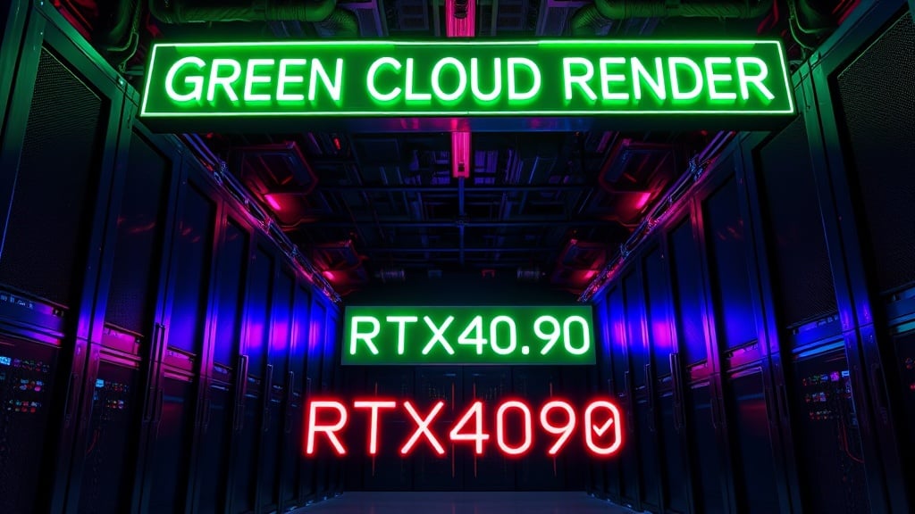 The image showcases a high-tech data center corridor illuminated by colorful neon signs that read 'GREEN CLOUD RENDER' and 'RTX4090'. The futuristic lighting adds a vibrant green and red glow, highlighting the sleek racks of servers stretching into the background. This blend of technology and modern design evokes a sense of advanced computing and innovation.