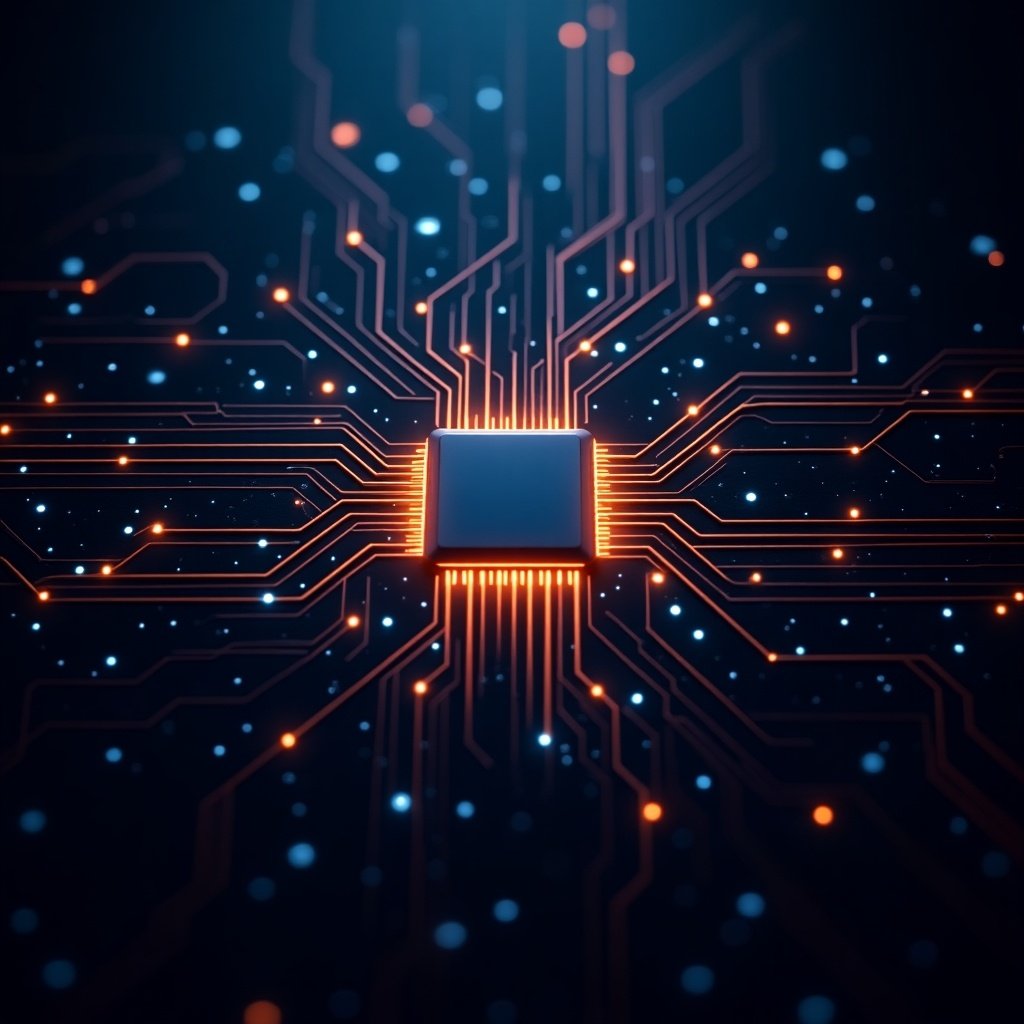 This image features a sleek, modern design focusing on a high-tech electrical circuit board. At its center, there's a glowing microchip with interconnected pathways radiating outward. The pathways are enhanced by vibrant orange and blue lights, contrasting against a dark background. This design symbolizes fast data transfer and technology innovation. The overall aesthetic is visually striking yet clean, providing a professional look suitable for tech-related content.