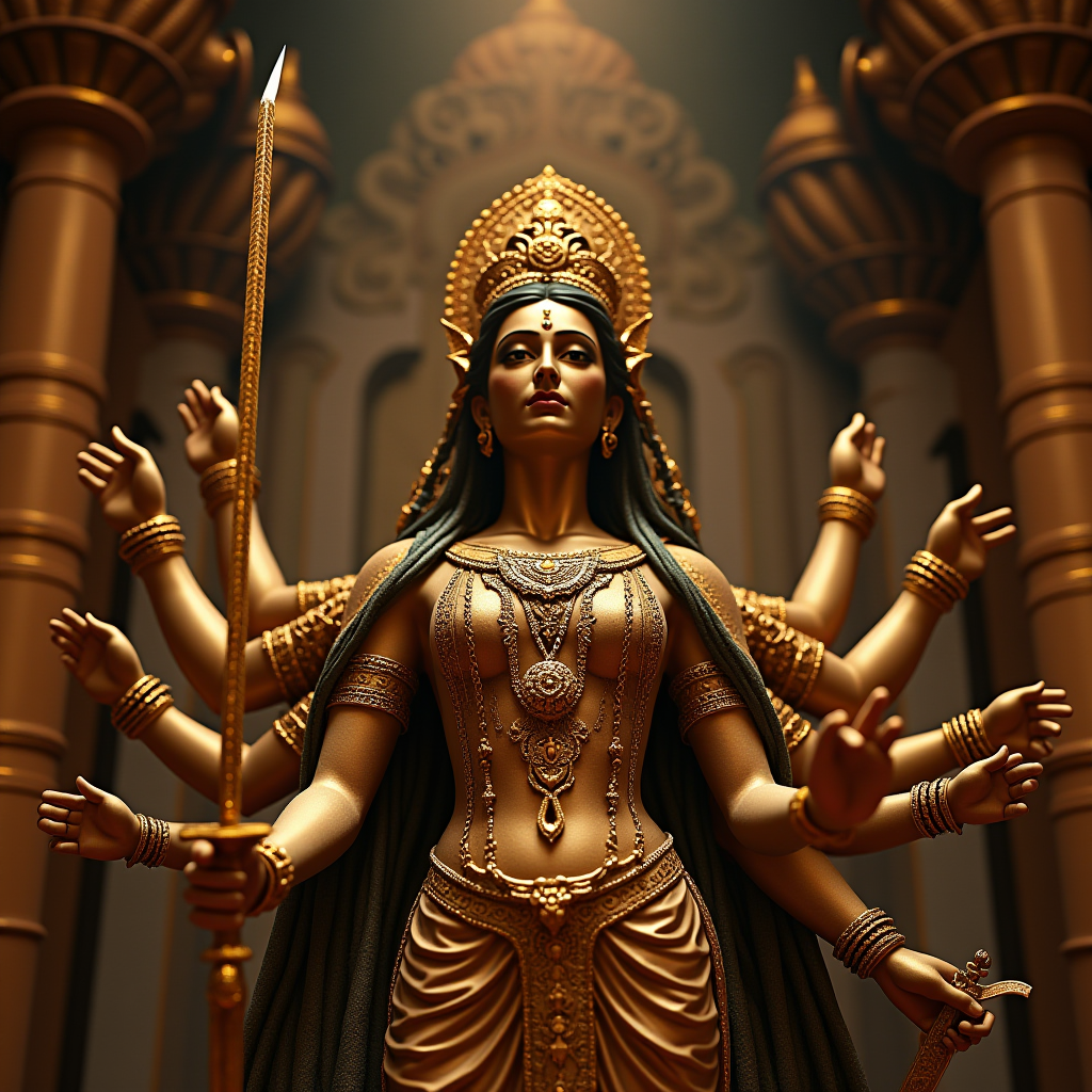 A golden sculpture of a multi-armed goddess adorned with intricate jewelry in an ornate architectural setting.