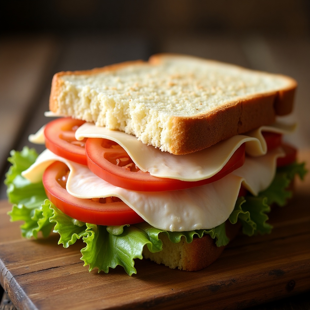 This image features a delicious sliced smoked turkey and white cheese sandwich on toasted bread. The sandwich is layered with crisp iceberg lettuce and fresh tomato slices. All ingredients are visually appealing and stacked neatly, showcasing vibrant colors. Soft natural lighting enhances the textures of the ingredients. The sandwich is presented on a wooden board, adding an organic feel to the scene. This sandwich is ideal for a quick meal or a healthy lunch option.