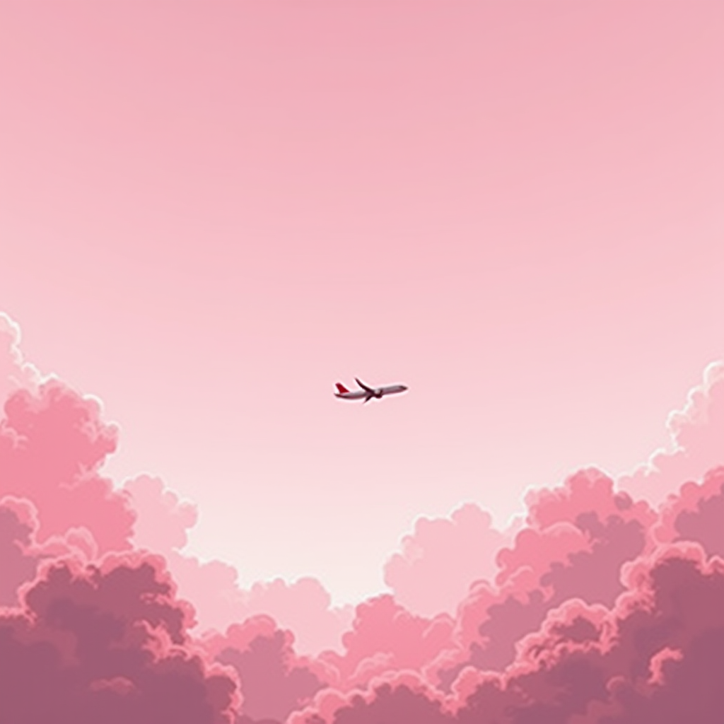 An airplane flying through a sky filled with pink clouds.