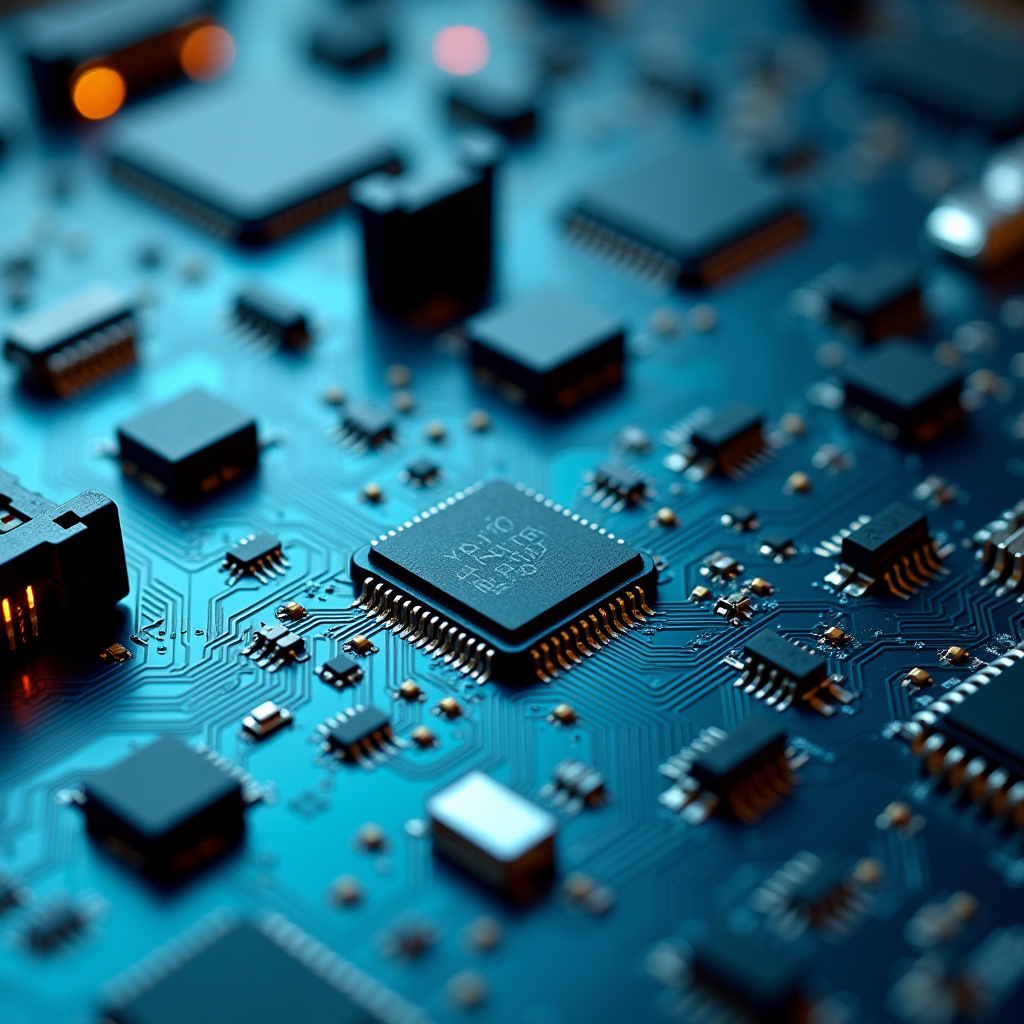 A detailed view of a blue circuit board with various microchips and electronic components.