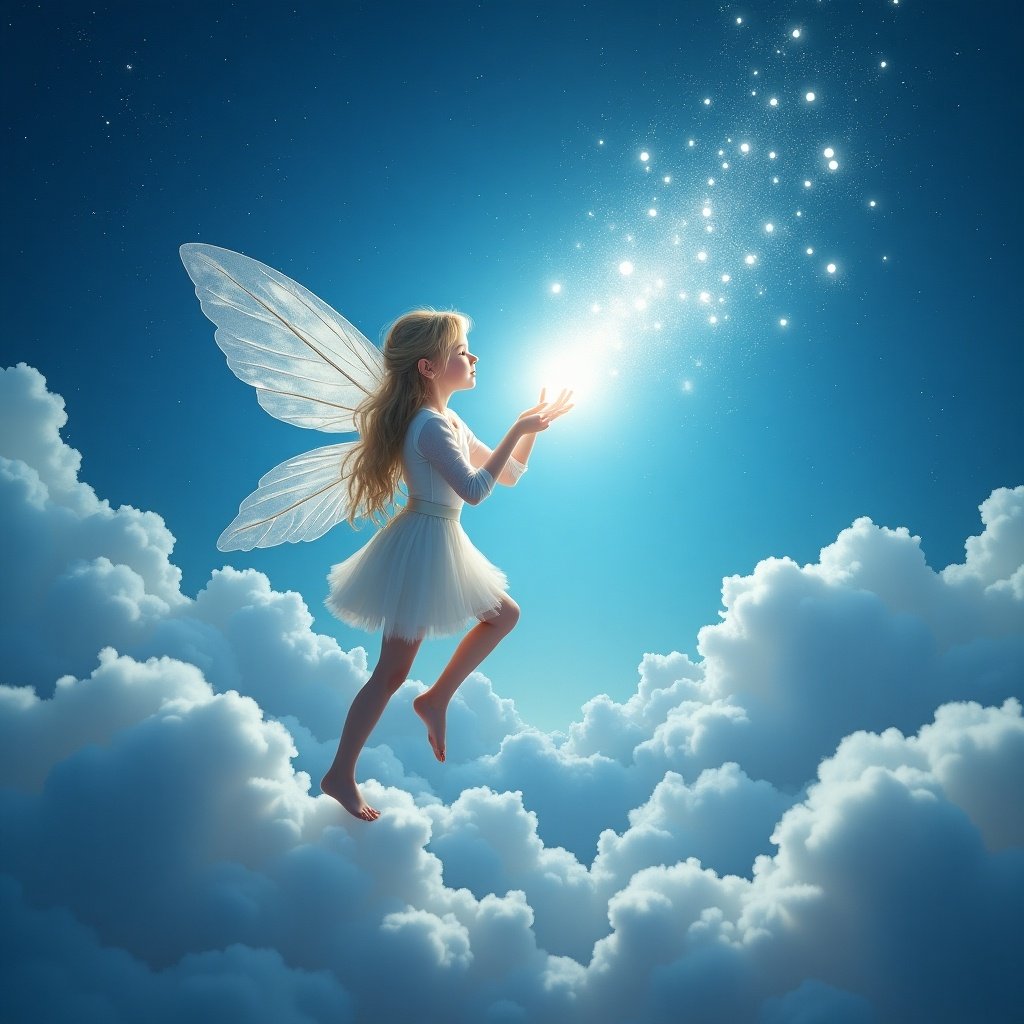 A young fairy is gracefully soaring among fluffy clouds in a bright, blue sky. She has delicate, translucent wings that sparkle in the light. In her hands, she is conjuring a soft glow that emits particles like twinkling stars. Her long hair flows gently in the breeze as she dances through the air. The scene is enchanting, creating a whimsical and dreamlike atmosphere, inviting viewers into a world of magic and wonder.