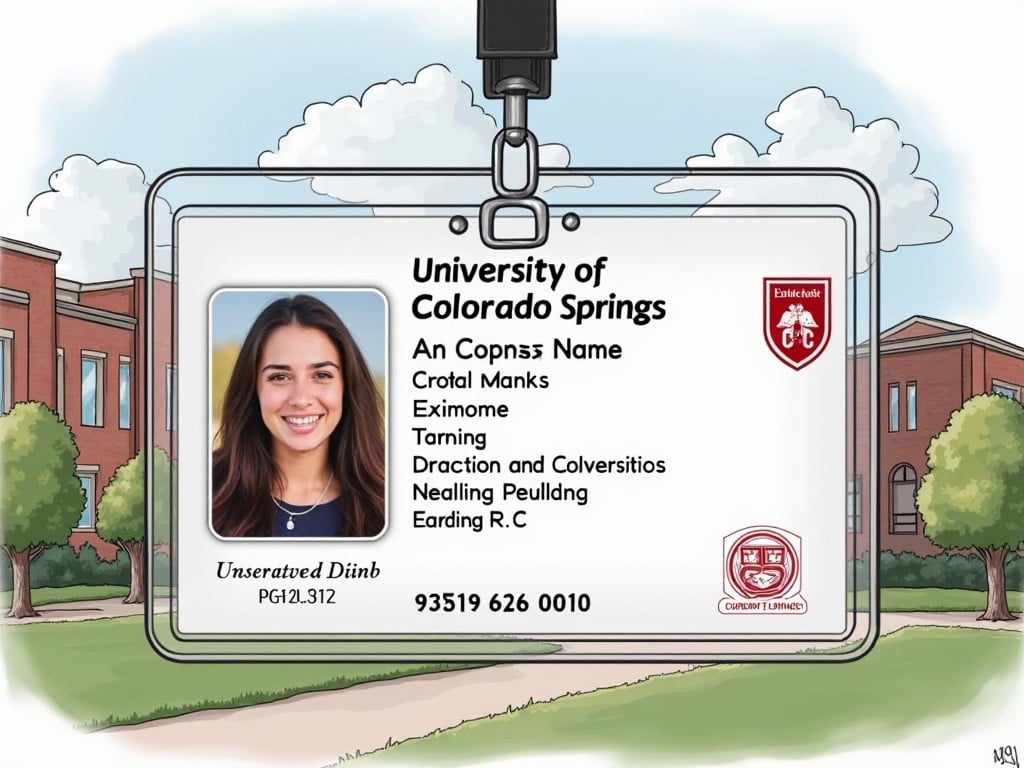 The image depicts a University of Colorado Springs student ID card featuring a young woman’s photo and personal information. It showcases a colorful and inviting background of the campus. The card includes university logos, a QR code, and identification numbers. This ID symbolizes the identity of a student at the university. It represents educational achievements and student life at the University of Colorado Springs. The overall design is modern and appealing, reflecting the spirit of college experience.