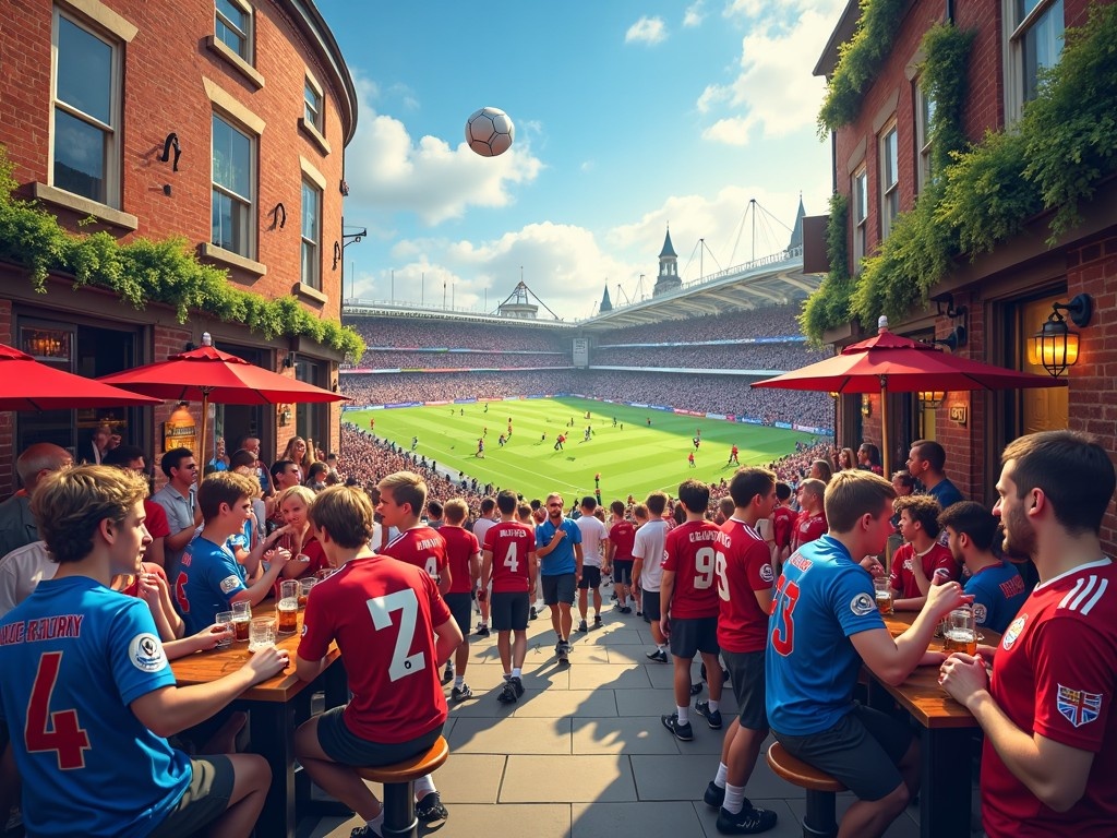 The image depicts a vibrant outdoor scene at a pub filled with enthusiastic football fans watching a live match. The fans are clad in jerseys of their favorite teams, creating a sea of color with reds and blues dominating the space. Tables are occupied with fans enjoying drinks, celebrating lively moments in the game, while the match takes place in the backdrop of a packed stadium. The atmosphere is electric, reflective of British culture around football where community and camaraderie flourish. It showcases the essence of enjoying live sports in a communal environment within a cultural hub.