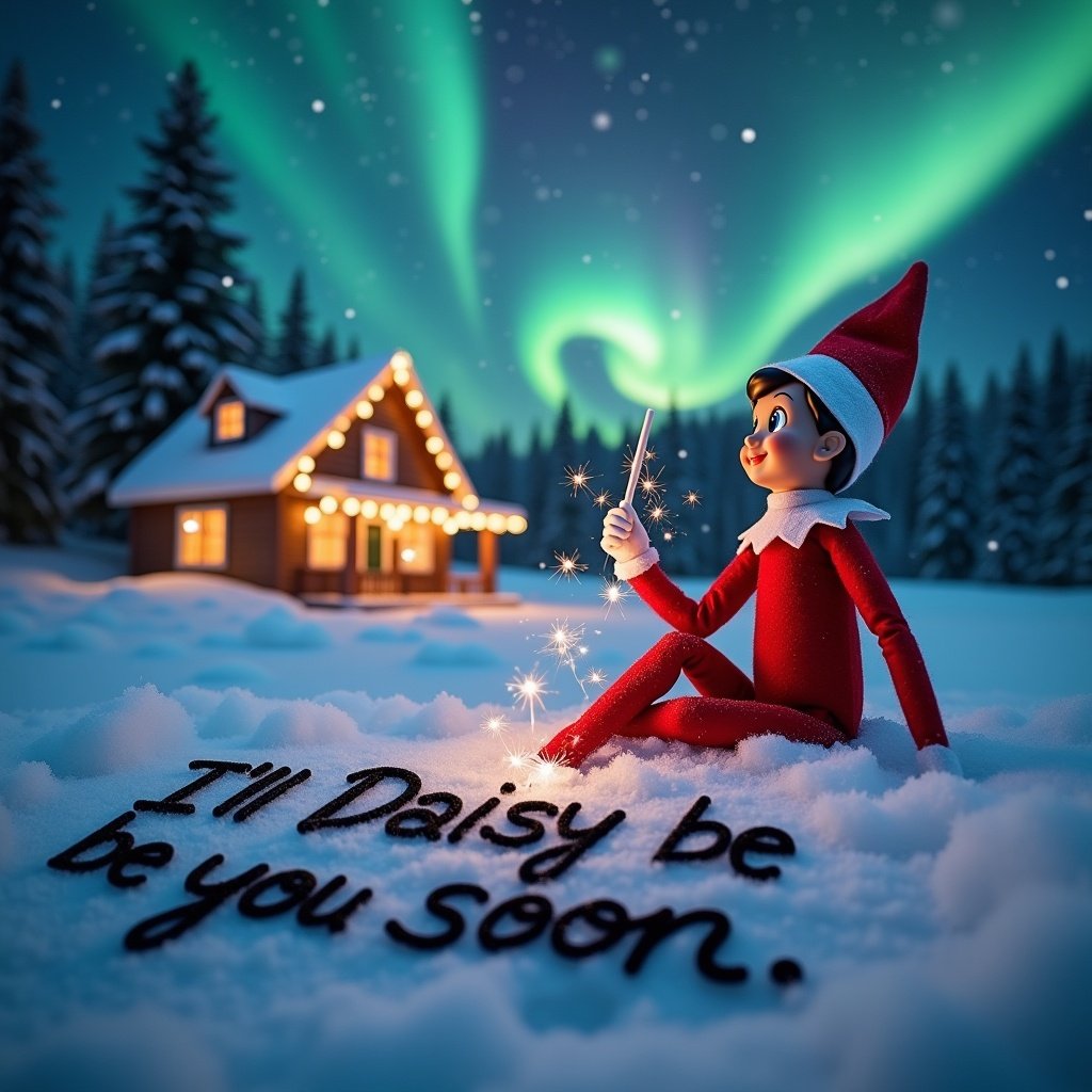 The image shows a cheerful Elf on the Shelf in a snowy landscape at night. Dressed in a traditional red outfit, the elf has a playful smile and is seated with a glowing wand in hand. The snowy ground features the phrase 'I’ll Daisy be you soon' artistically written in black. Surrounding the elf, delicate snowflakes fall, enhancing the scene's festive atmosphere. The background reveals colorful northern lights illuminating the night sky, while a cozy, decorated house rests in the distance. This enchanting depiction invites viewers into a whimsical winter wonderland, capturing the essence of Christmas adventures.