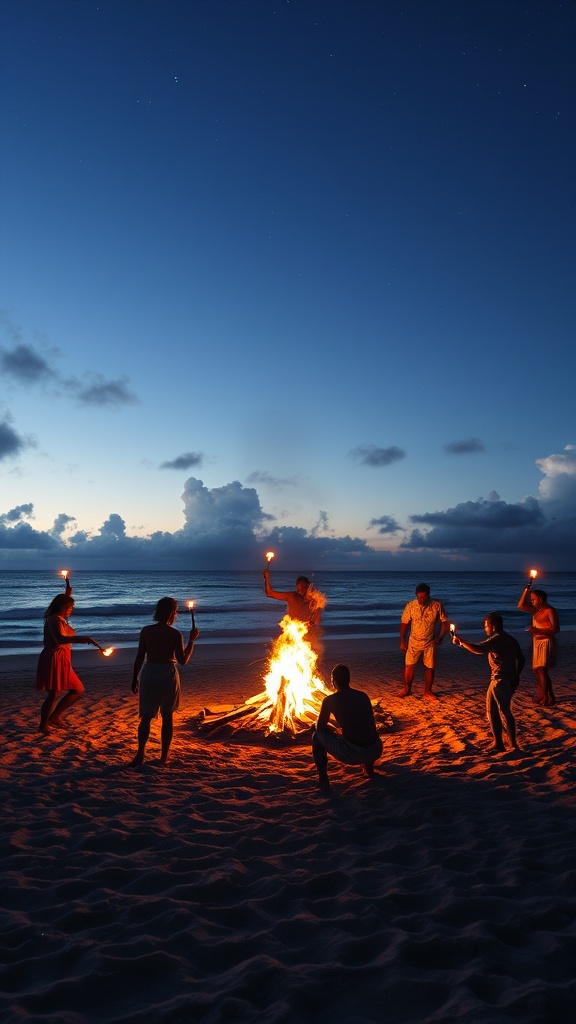 A group of people gather around a bonfire on a sandy beach as twilight sets in. Each person holds a small torch, and their silhouettes are illuminated by the warm glow of the fire. The vast sky above is a deep blue, dotted with a few stars. The ocean forms a serene backdrop, adding to the tranquil yet festive atmosphere of the scene.