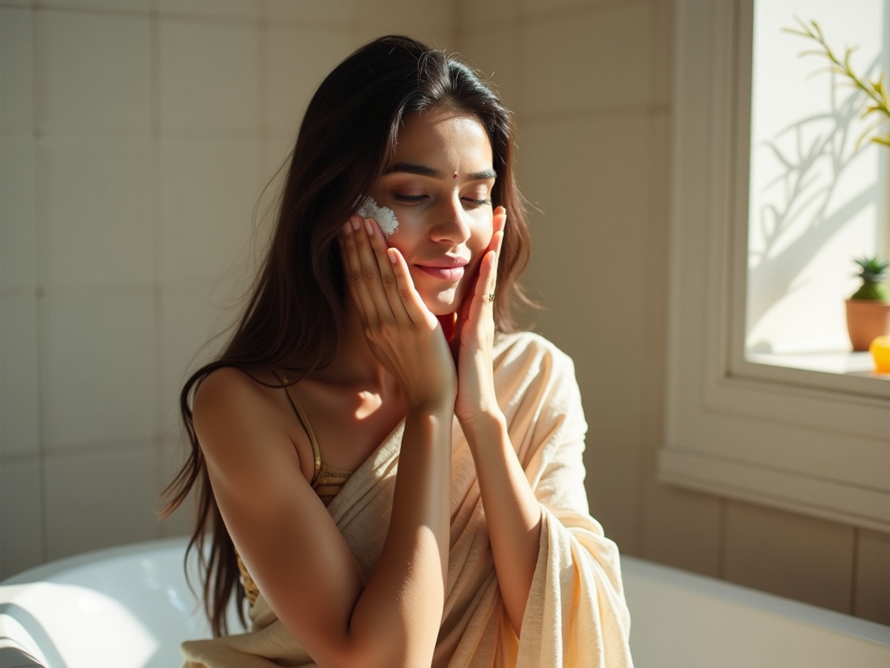 A stunning Indian woman with long, dark hair is gently washing her face in a serene bathroom. She's wearing a beautiful saree, showcasing cultural elegance. The lighting in the room is soft and natural, creating a calming ambiance. Her serene expression reflects the beauty of the moment, emphasizing relaxation. The minimalistic decor adds to the tranquility of the scene, making it an ideal setting for skincare and beauty. This moment embodies the essence of self-care and natural beauty.