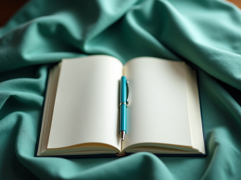 The image features an open notebook resting on textured green fabric. A blue pen lies on the notebook, ready for writing. The lighting is soft, creating a calm and inviting atmosphere. This setup embodies a cozy writing space, perfect for creativity. The minimal design emphasizes peace and tranquility, making it ideal for writers and students.