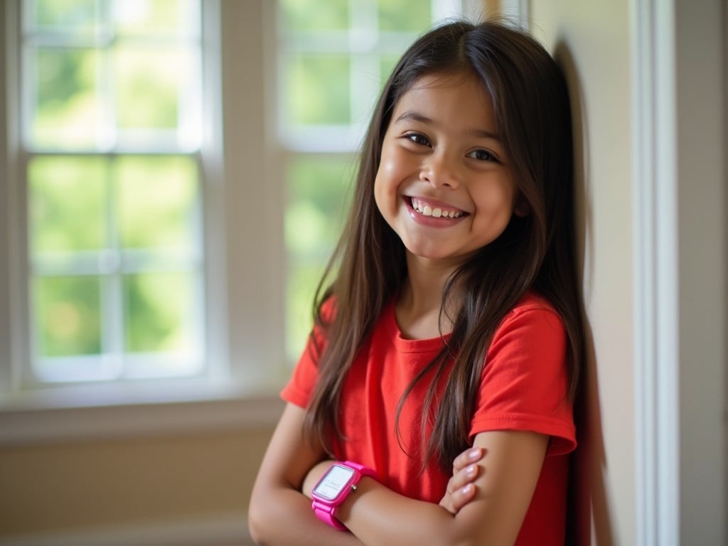 The image shows a cheerful young girl standing against a wall. She has long, dark hair and wears a bright red shirt. The girl is smiling broadly, showing her enjoyment and happiness. She has a pink watch on her wrist, which adds a nice touch to her outfit. In the background, there are windows with some greenery visible outside. The environment looks friendly and inviting, with a calm atmosphere.