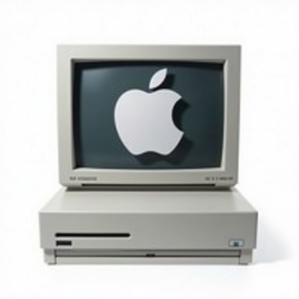 A vintage computer showing a large Apple logo on the screen.