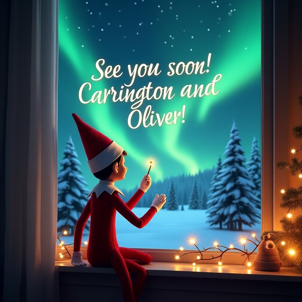 This image features an adorable elf on the shelf, positioned with his back towards the viewer, as he gazes out a window into a magical Christmas night. He wields a wand, using it to inscribe the words 'See you soon! Carrington and Oliver!' in the sky above. The scene is filled with dazzling Northern Lights, casting a beautiful glow over the snowy landscape. Outside, snow-covered trees create a picturesque winter wonderland. The interior of the room is cozy and festively decorated, further enhancing the magical holiday atmosphere.