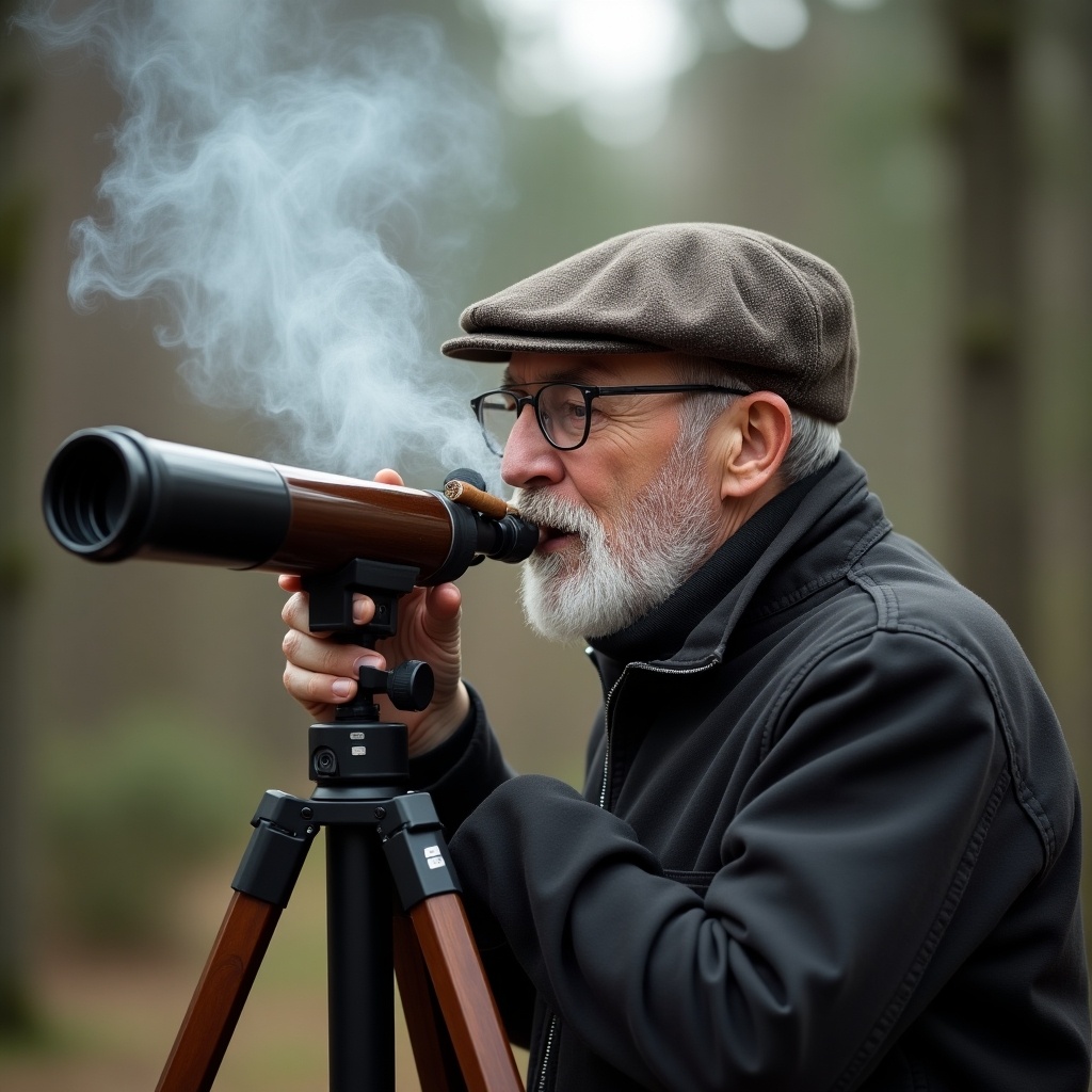 A middle-aged man is enjoying a moment outdoors, using a telescope. He has a cigar in his mouth as he peers through the telescope, focusing intently. The setting includes a wooded area, with soft natural light filtering through the trees. The man wears a stylish cap and a jacket, embodying a sense of relaxation and contemplation. Smoke gently wafts from his cigar as he engages with his hobby, creating a serene and contemplative atmosphere.