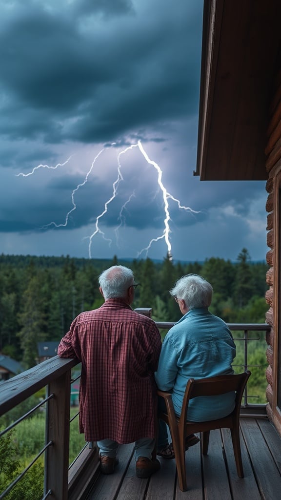 An elderly couple sits on a balcony watching an impressive lightning storm unfold over a forested landscape.