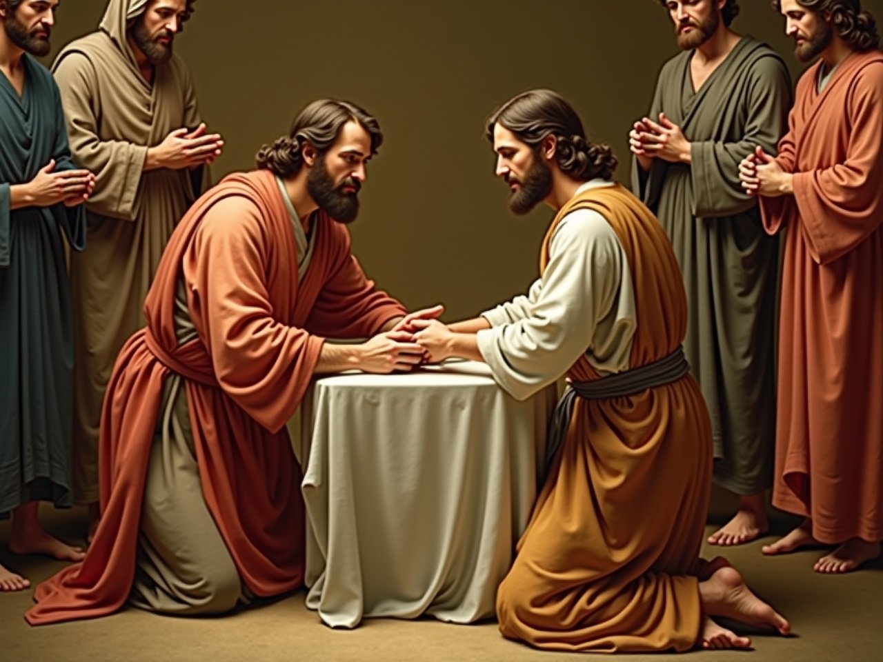 This is a religious painting depicting a significant biblical moment. It shows Jesus Christ kneeling and washing the feet of one of his disciples, symbolizing humility and service. The scene is set around a table, where other disciples observe with various expressions. The disciples are dressed in traditional garments, reflecting the time period. The background has warm colors, enhancing the emotional appeal of the moment. The focus is on the interaction between Jesus and his disciple, emphasizing themes of love and sacrifice.