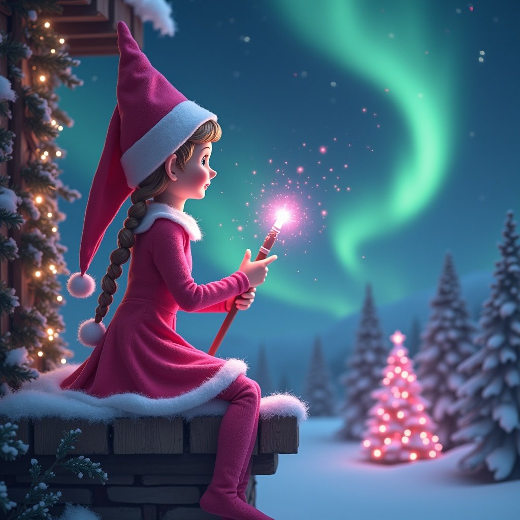 A whimsical scene featuring a pink-clad girl elf sitting on a snowy ledge, with her back to the viewer. She holds a magical wand, using it to spell the name 'Embrie' in sparkling pink letters against the starry sky. In the background, vibrant northern lights illuminate the snowy landscape and a beautifully decorated Christmas tree. Soft lights twinkle in the trees, while a silhouette of Santa can be seen flying in the distance. The overall atmosphere is magical and festive, capturing the essence of Christmas enchantment.