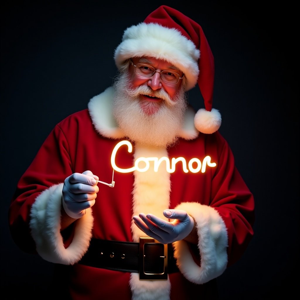 This image features Santa Claus wearing his traditional red and white suit. He is holding a glow stick that forms the name Connor in bright light. Santa's expression is jolly, exuding warmth and holiday cheer. The background is dark, enhancing the glow of the text. This festive scene captures the magic of Christmas and the joy of the season.