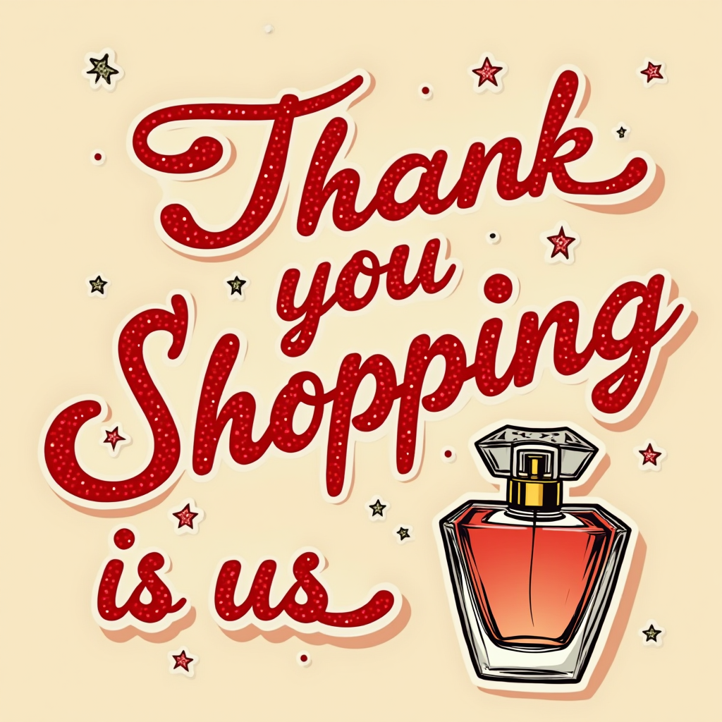 A festive illustration of the phrase 'Thank you Shopping is us' with a perfume bottle and stars.