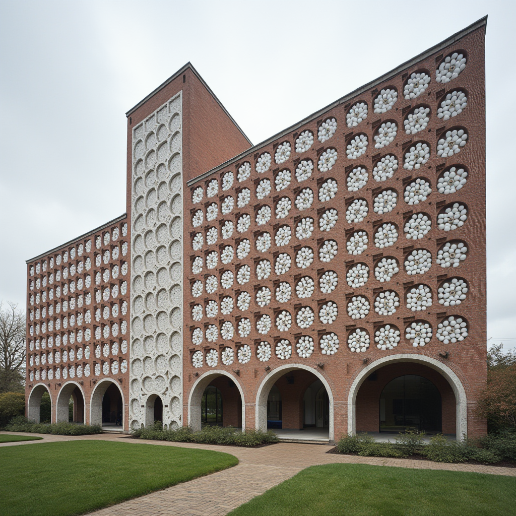 A striking building facade with red brick and intricate geometric patterns composed of brickwork and white spheres, featuring arched doorways and manicured lawns in front.