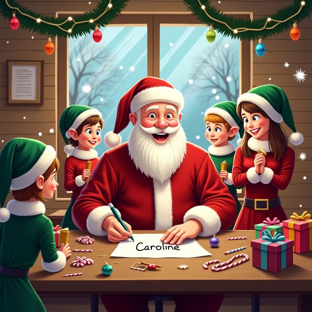 This is a joyful Christmas scene set in a workshop during the holiday season. Santa Claus is the main character, dressed in his classic red suit, and he is surrounded by cheerful elves who are smiling and engaged in festive activities. The elves are wearing green hats and red outfits, adding to the delightful atmosphere. Brightly wrapped presents are scattered across the table, enhancing the holiday spirit. Candy canes and colorful ornaments further decorate the cheerful environment. Snow can be seen through the window, suggesting a cozy winter ambiance. The warm lights and decorations create a perfect festive mood, while Santa writes the name 'Caroline' on a piece of paper.