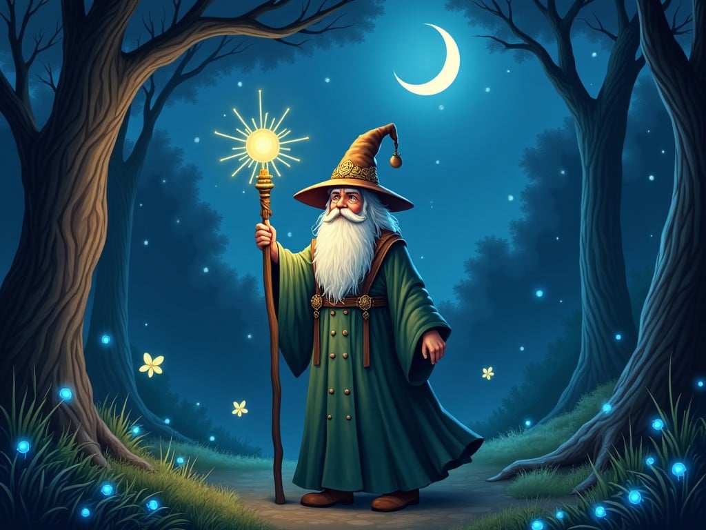 A wise wizard stands in an enchanting forest at night. The wizard has a long, flowing white beard and wears a pointed hat adorned with mystical symbols. He holds a glowing staff topped with a bright orb that illuminates the surroundings. Stars twinkle in the sky, and the crescent moon casts a gentle light over the trees. Magical blue fireflies hover around, adding to the magical atmosphere.