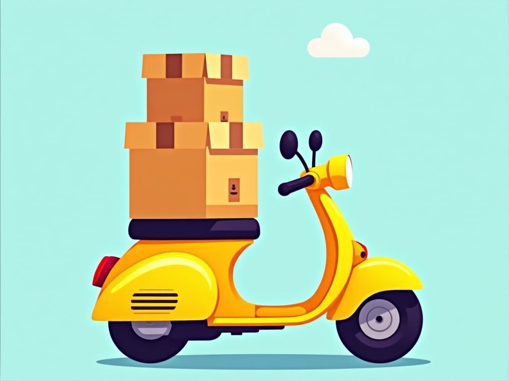 This image features a cheerful yellow scooter loaded with several cardboard boxes stacked on top. The background is light blue, creating a sense of freshness and openness. The scooter is designed in a cartoonish style, which adds a playful touch to the image. It represents the concept of delivery services, making it suitable for various commercial uses. The boxes appear to be securely placed, enhancing the idea of efficient transportation and delivery.