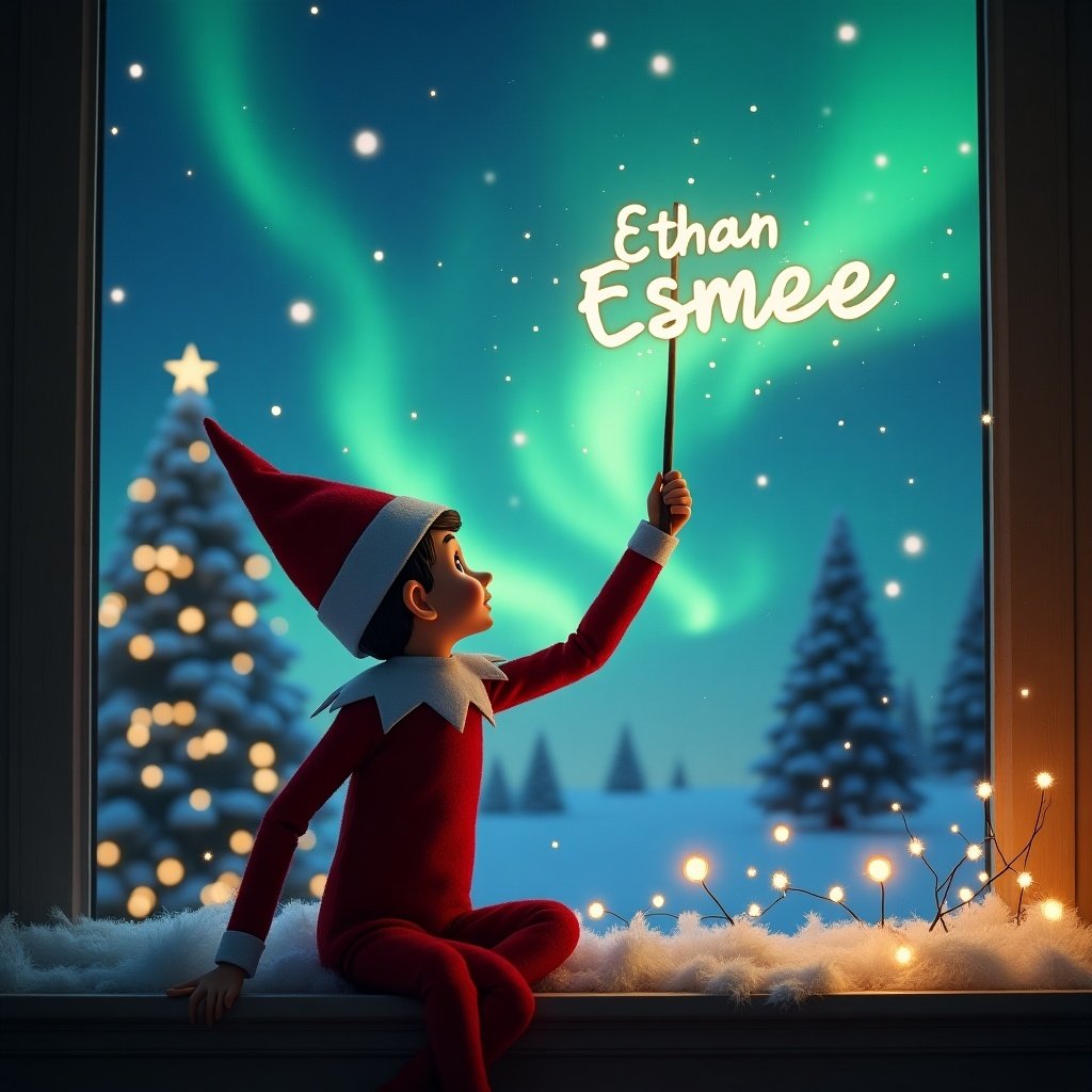 This enchanting image features an elf on the shelf, depicted from the back, gazing up into a magical night sky. The elf is using a wand to write the name 'Ethan Esmee' in sparkling letters against the backdrop of vibrant northern lights. Surrounding the elf is a winter wonderland scene with snow-covered trees and twinkling lights in the foreground. The atmosphere is festive and filled with holiday spirit, capturing the joy of Christmas. The elf's red outfit adds a cheerful touch to this whimsical illustration.