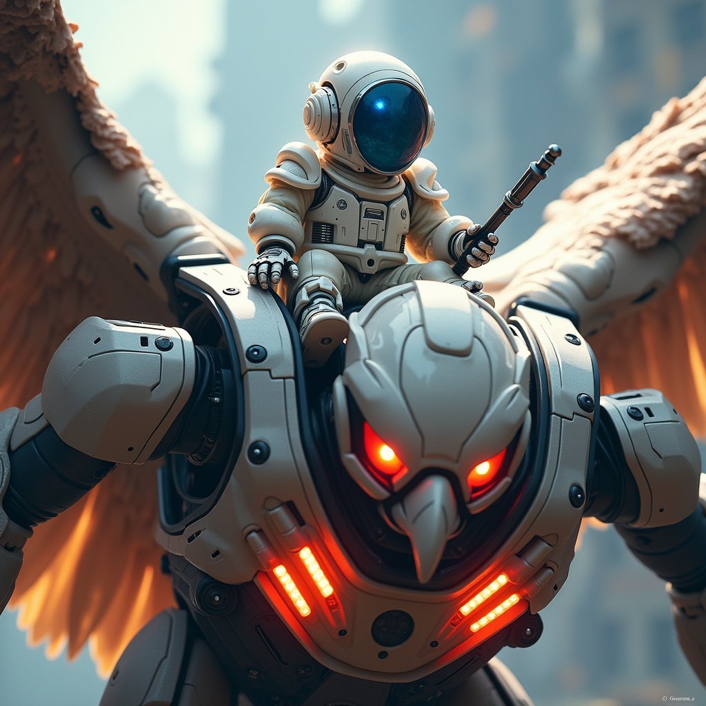 The image depicts a fantastical scene featuring a baby commander in a glowing white suit. The child is armed with a high-tech baton, suggesting a confident demeanor. They ride atop the shoulder of a massive eagle robot, which boasts striking piercing blue and red eyes. The robot's wings are adorned with plasma feathers, giving it an impressive and fearsome appearance. The overall atmosphere of the scene is adventurous and imaginative, perfect for inspiring stories related to space and futuristic quests.