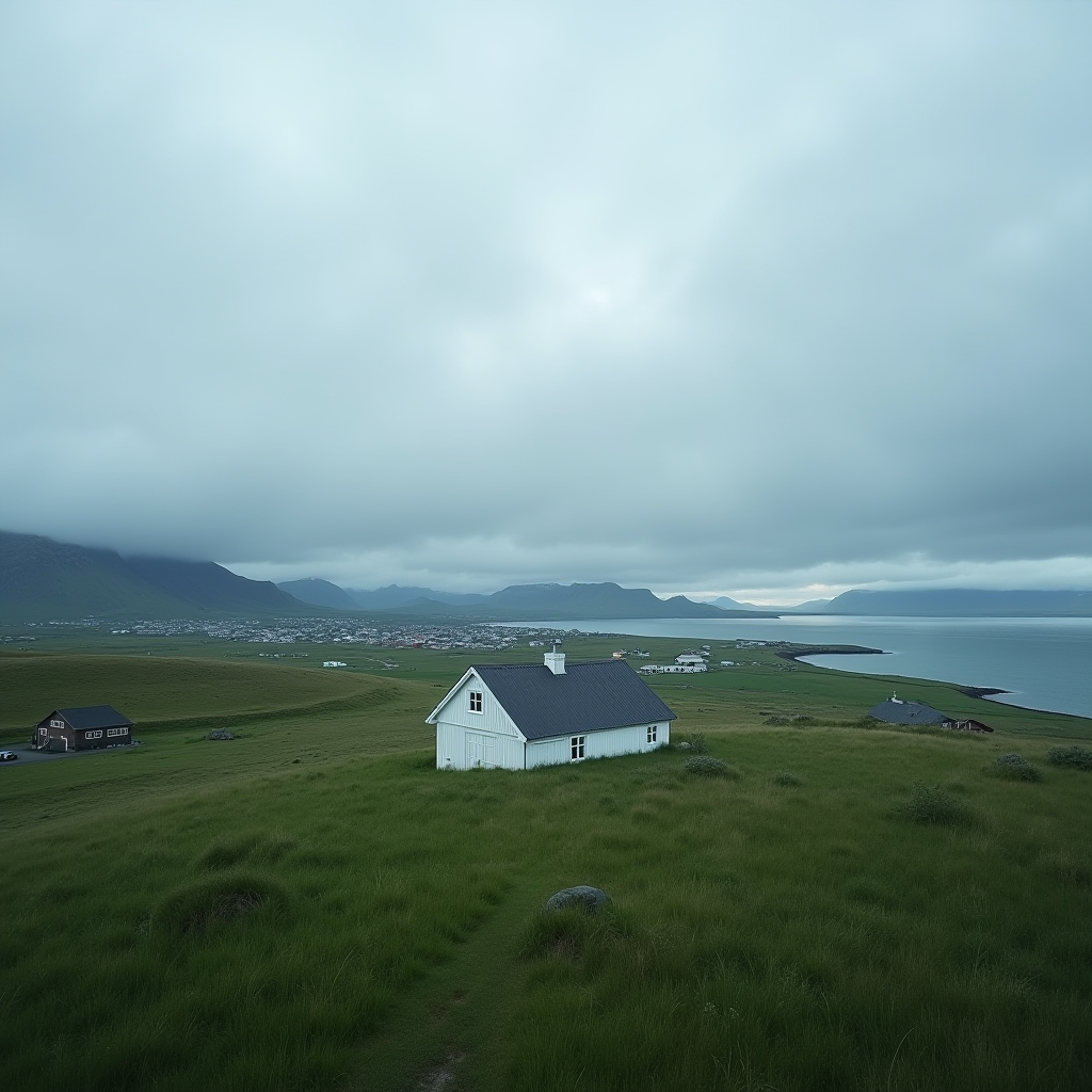 A lone white house sits in a vast, green landscape overlooking a serene bay under cloudy skies.