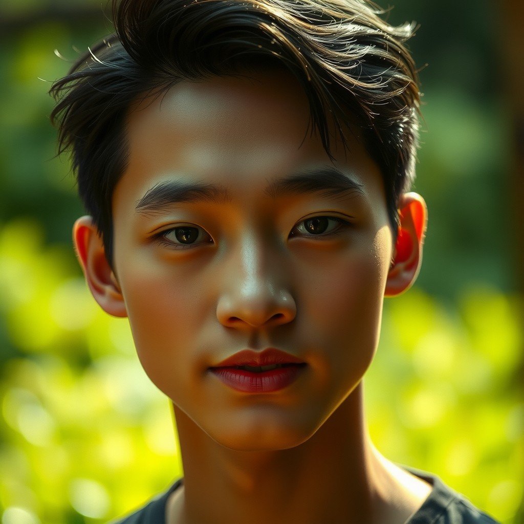 A close-up portrait of a young individual in natural lighting with a blurred green background.