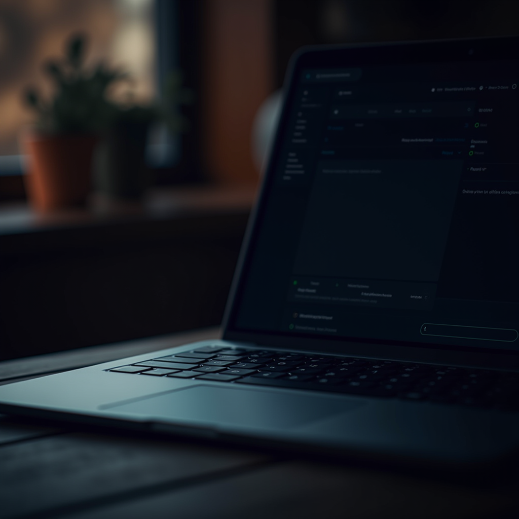 A dimly lit laptop screen on a reflective wooden desk next to blurred potted plants in a cozy setting.