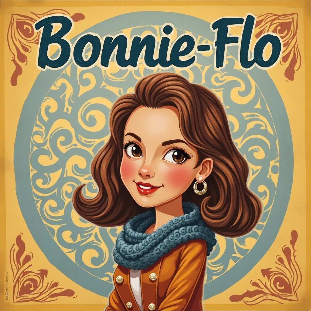 This illustration features a cheerful cartoon character named Bonnie-Flo. She has elegant brown hair styled beautifully and wears stylish earrings. Her outfit is fashionable and complements her vibrant personality. Behind her, there is a decorative floral pattern that enhances the background. The overall color palette is bright and appealing, evoking a sense of fun and style.