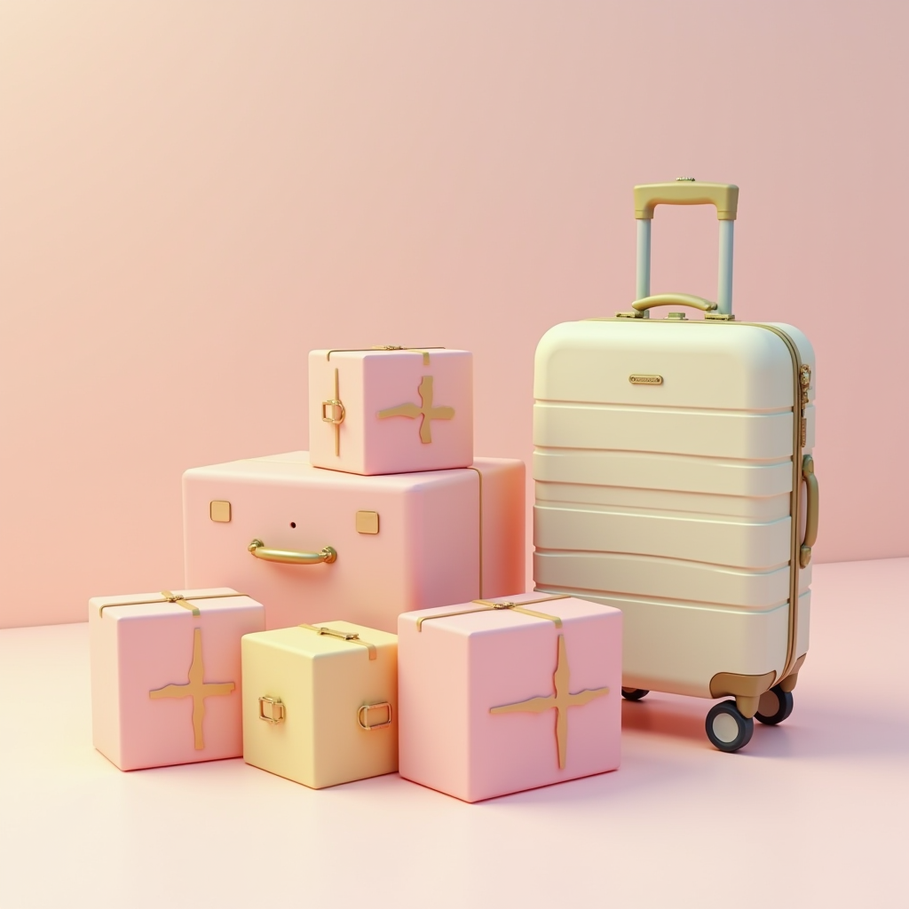 A collection of pastel pink and beige luggage and gift boxes with gold accents, set against a soft pink background.