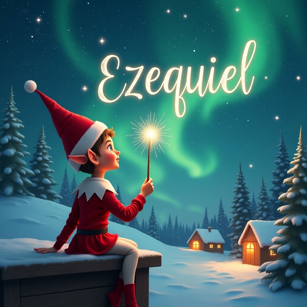 An elf sits on a wooden ledge with its back to the camera, gazing at a magical sky. The elf is dressed in a red outfit with a pointed hat and holds a sparkling wand. With the wand, the elf writes the name 'Ezequiel' in the starry sky. The background features a snowy landscape with charming little houses and evergreen trees under shimmering Northern Lights. This whimsical scene captures the essence of childhood magic and Christmas cheer.