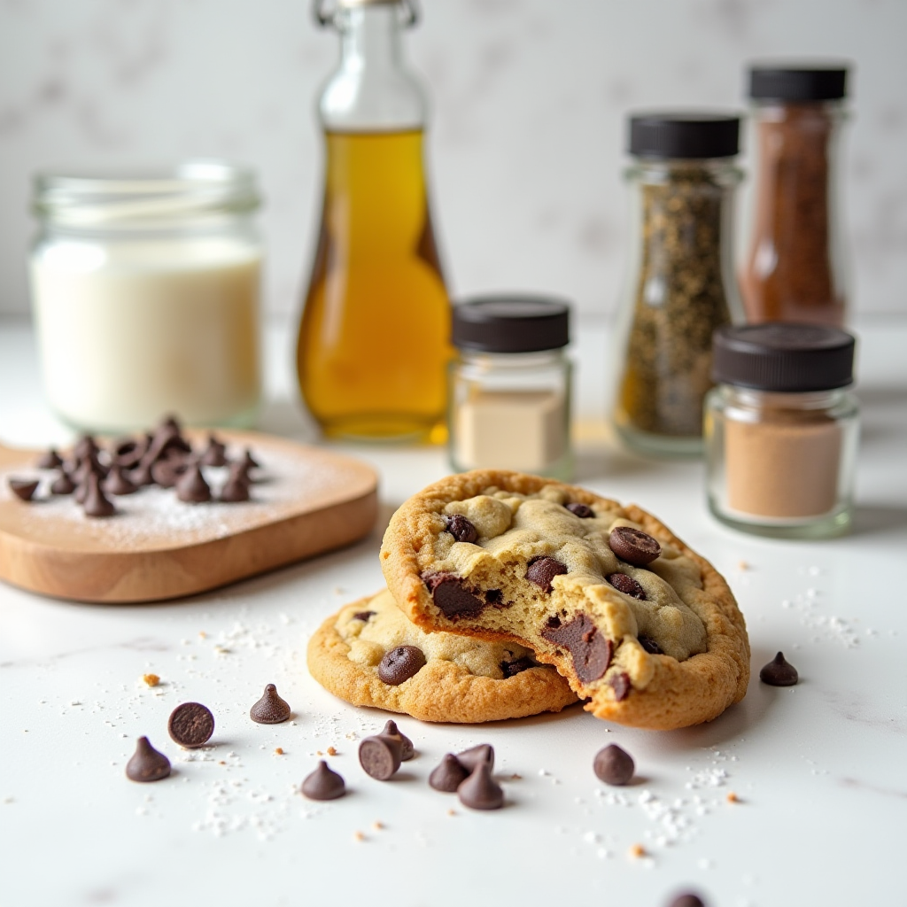 A close-up of chocolate chip cookies surrounded by baking ingredients like chocolate chips, jars of spices, milk, and oil.