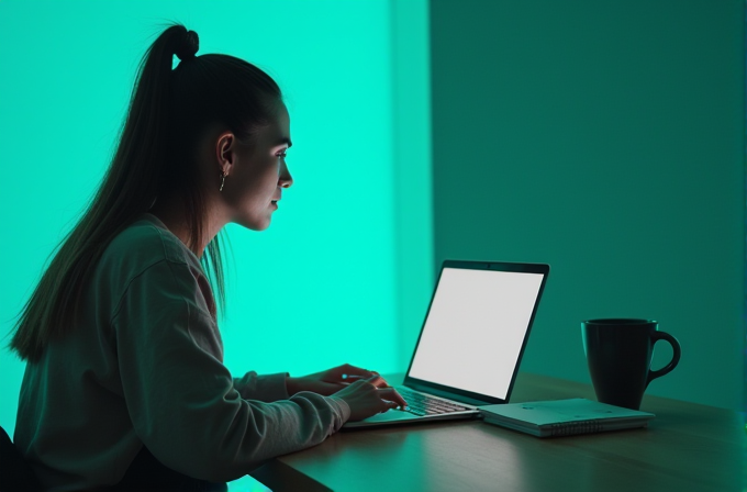 A person sits at a wooden table, focused on a glowing laptop screen, with a teal-lit background adding a serene mood.